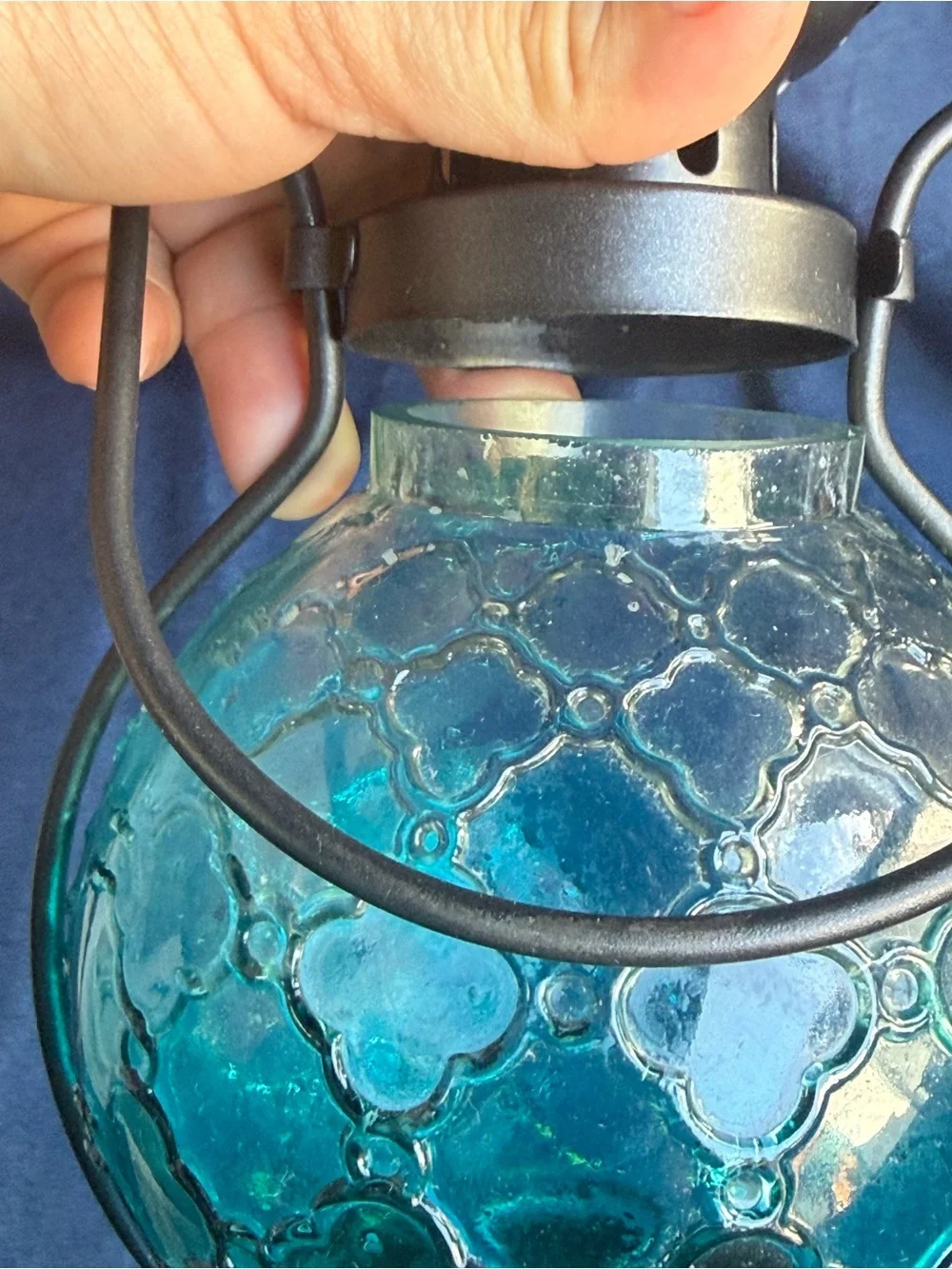Moroccan Turquoise Blue Glass Lantern Metal Tealight Candleholder 9.5